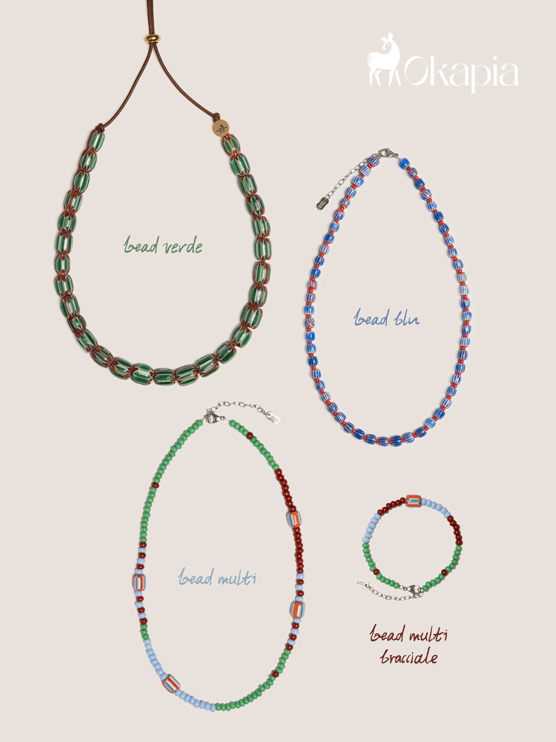 Collage still life della collezione Bead by Bead di Okapia x Collanine Colorate con le collane Bead Blu, Bead Verde e Bead Multi e il bracciale Bead Multi, realizzate con perline di vetro